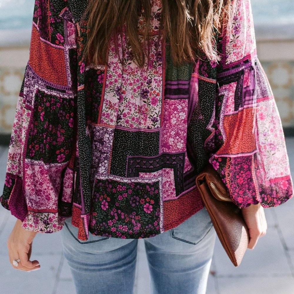 Rose Cottagecore Floral Print Patchwork Tunic Top - Picture 5 of 12